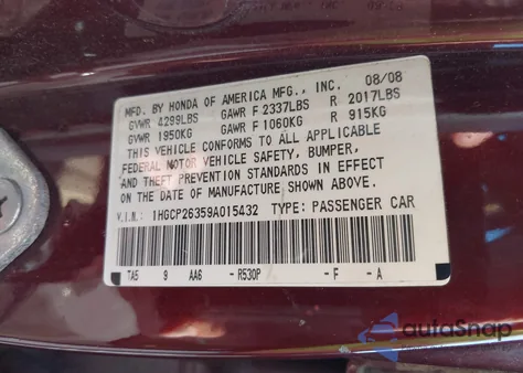 2009 Honda Accord 2.4 Lx из США, поврежденный, VIN 1HGCP26359A015432